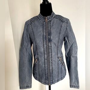 POINT ZERO, COLLARLESS Blue Faux Leather Zip up long sleeved Jacket Size Medium
